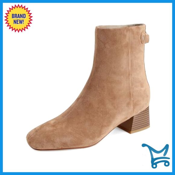 Square Toe Ankle Boots Low Chunky Block Heel Side Zipper Booties - Picture 5 of 5